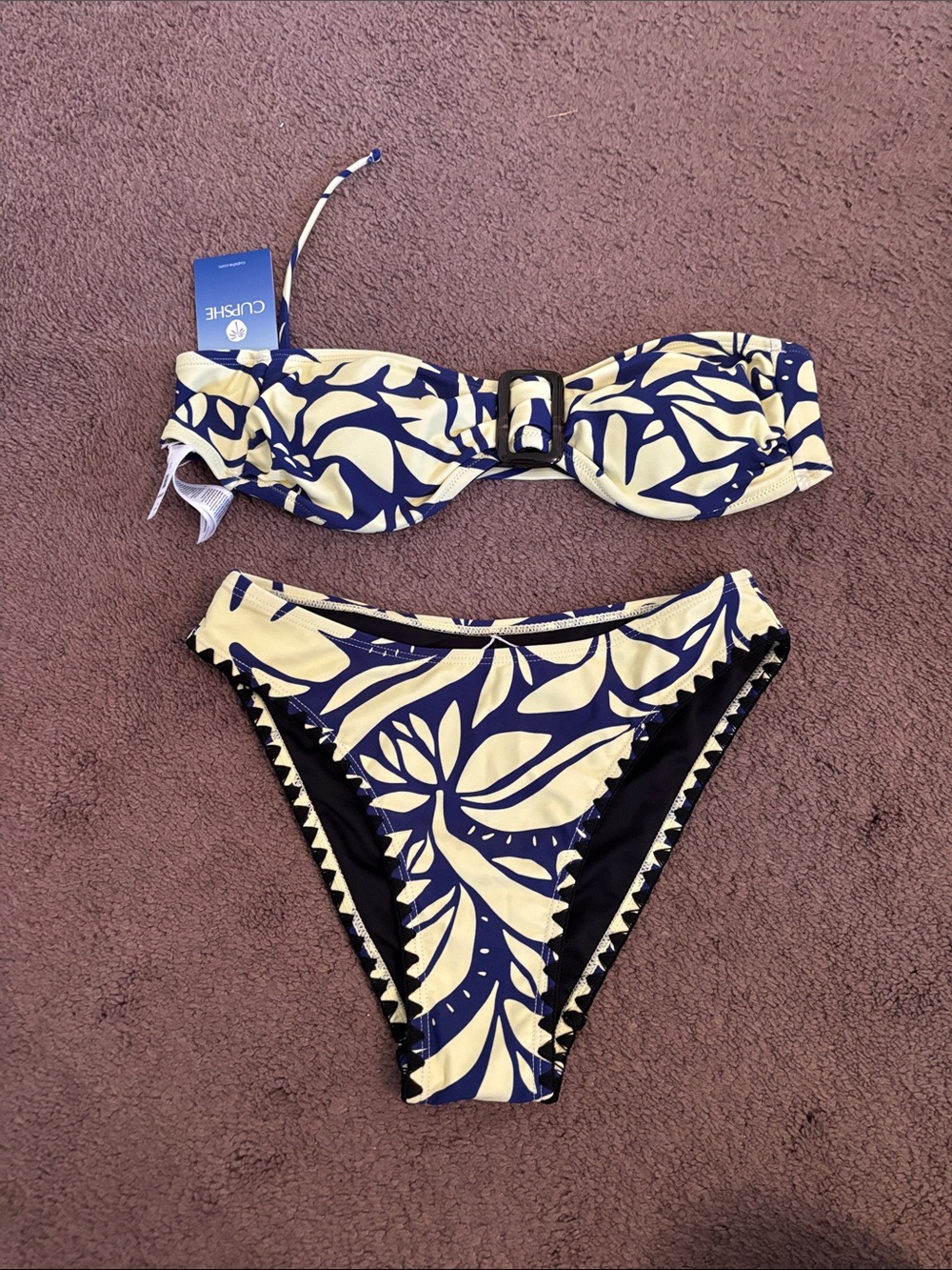 Cupshe Navy & yellow Floral Bikini with tortoise shell design Buckle Detail NWT